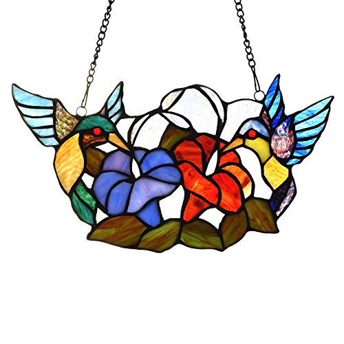 Capulina Tiffany Stained Glass Window Hangings 15" x 8" Handmade Morning Glory and 2 Birds Window Panel Sun Cacthers