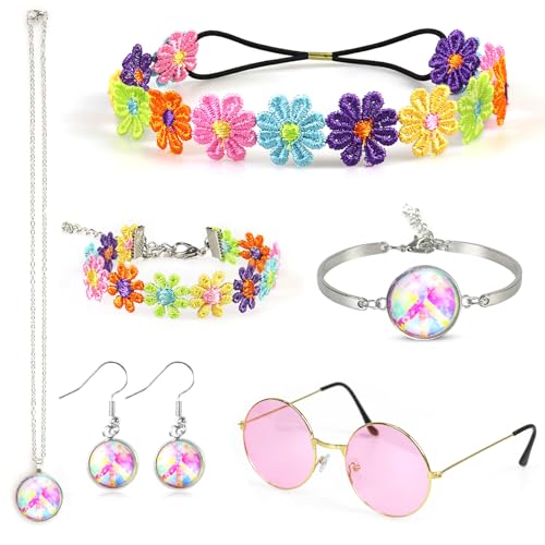 Oerphh Hippie Kostüm Damen Set 7-teilig 70er 60er Jahre Hippie Accessoires mit Peace Zeichen Kette Ohrringe Armband Blumen Haarband Hippie Brille Hippie Kleidung Damen Karneval Fasching Verkleidung