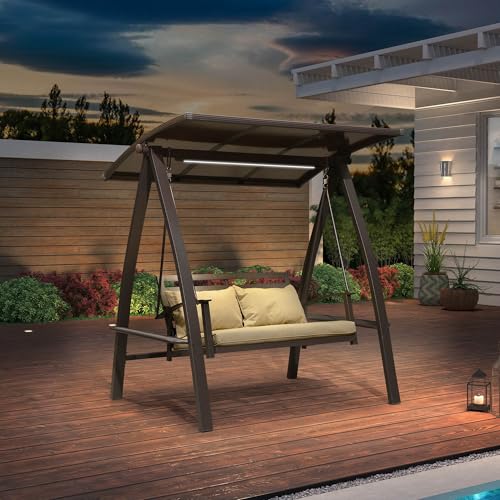 Image of PURPLE LEAF 2-Seat Porch Swing with Adjustable PVC Canopy Metal Patio Bench Glider Swing Bed Outdoor Swing Chair with Stand and Side Cup Holder for Outside Garden Porch, Cushion and Pillows Included