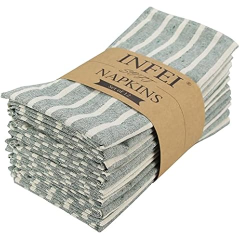 INFEI Broad Striped Cotton Blended Dinner Cloth Napkins - Set of 12 (17 x 17 inches) - for Events & Home Use (Green) Cover