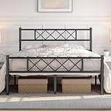 Yaheetech Queen Size Metal Platform Bed Frame with Simple Headboard and Footboard, Mattress Foundation for Under Bed Storage, Steel Slat Support, No Box Spring Needed, Easy Assembly, Black