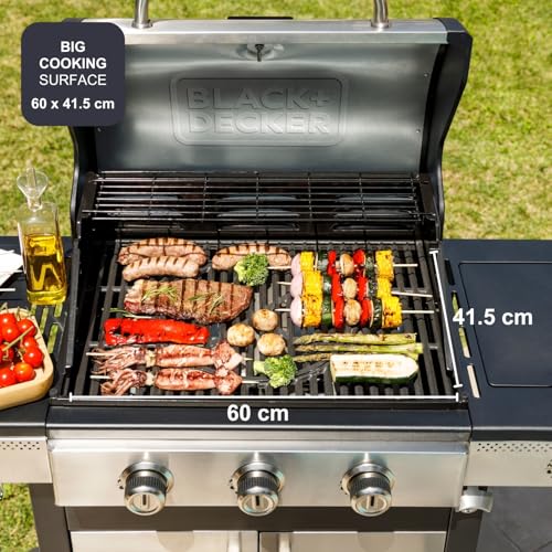 Black+Decker Gasgrill BXOG12950E | 3 Brenner 3,6 kW + Seite 2,1 kW | Gusseisengrill | einfache Reinigung | Thermometer aus Edelstahl | flexible Kochzone | Schwenkräder