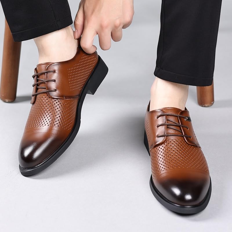 Dress Shoes for Men Lace Up Pointed Burnished Toe PU Leather Cap Toe Breathable Anti-Slip Rubber Sole Non Slip Classic(Brown,8.5)4