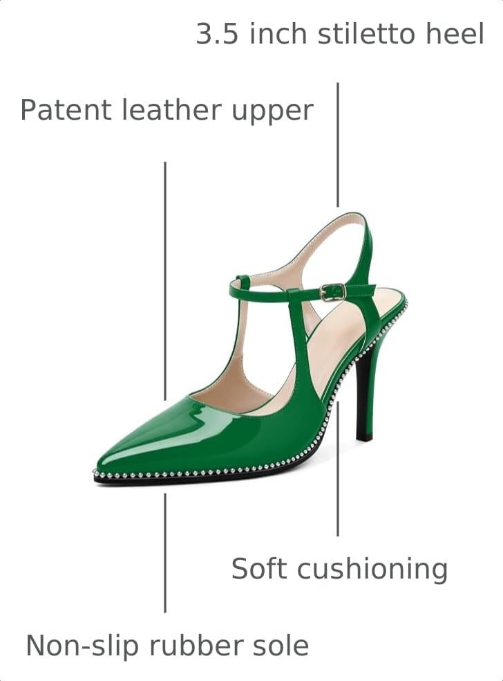 Image of SAMMITOP Womens High Heels Ankle Strap Pointed Toe Stilettos Patent Leather Beaded Pumps Dress Shoes 3.5 Inch