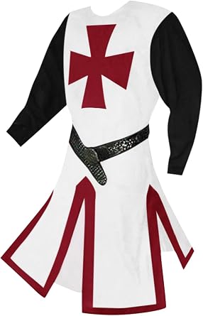 Ryannology Mens Crusader Costume Medieval Templar Renaissance Knight Warrior Tunic Retro Halloween Cosplay Top with Cross