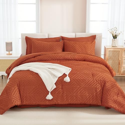 Image of Andency Super King Plus Comforter Set Burnt Orange - 7 Pieces Bed in a Bag Oversized King Bedding Sets, Boho Tufted Terracotta Bedding Sets, Rust Bed Set with Comforter, Sheets, Pillowcases & Shams
