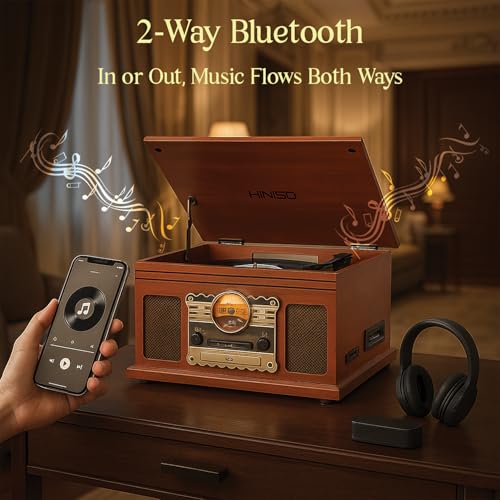 Image of Hiniso 8-in-1 Vinyl Record Player Turntable with 2-Way Bluetooth in /Out, Wireless Remote, CD & Cassette Player, USB /SD Recording | Convert Vinyl /CD /Cassette to MP3 | Built-in Speakers, FM Radio