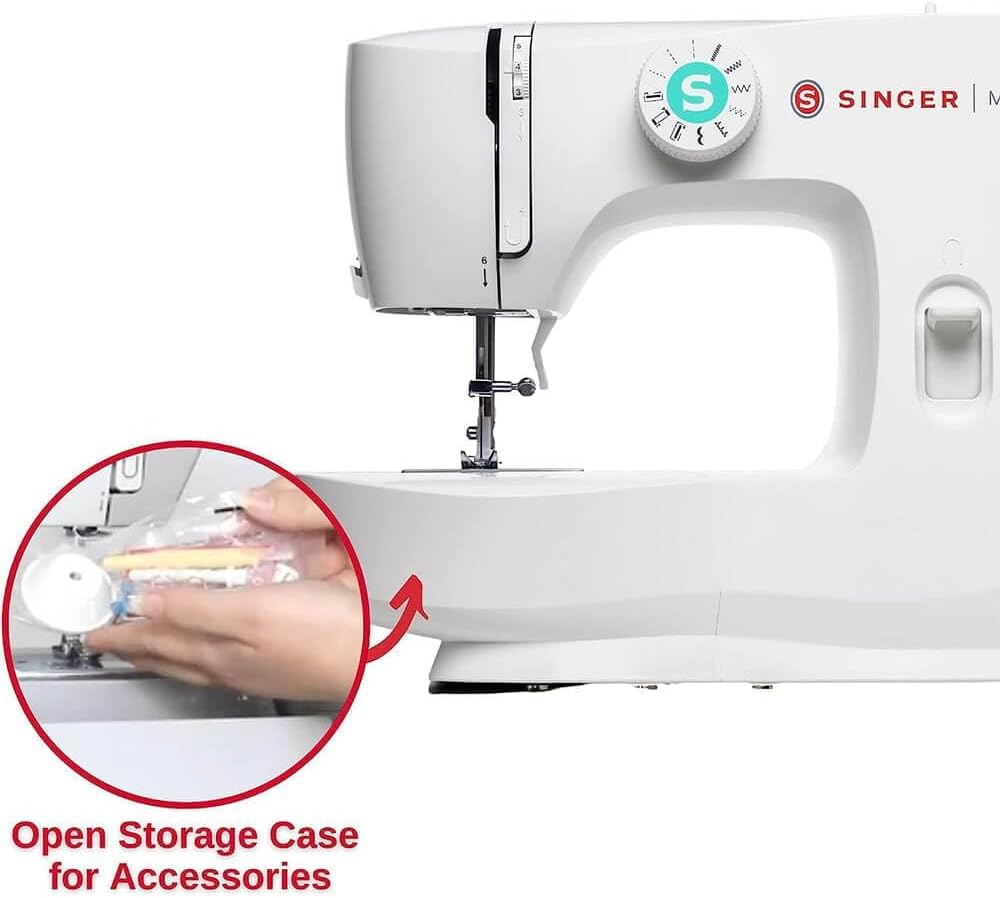 SINGER® Máquina de coser M1500 + kit de accesorios, 6 puntadas integradas que ofrecen 57 aplicaciones de puntada, ligera y portátil, luz LED y ojal de 4 pasos, ideal para acolchar, manualidades y