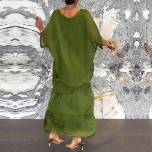 Women's Artistic Style Loose Dress, Boho Casual A-Line 3/4 Sleeve Solid Color Round Neck Flowy Multi-Layer Maxi Cake Dresses3