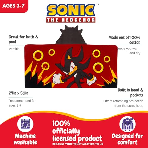 Image of Sonic Shadow The Hedgehog Anime Kids Super Soft Bath /Pool /Beach Cotton Hooded Towel Wrap, 50 in x 24 in, (Officially Licensed Product) By Franco