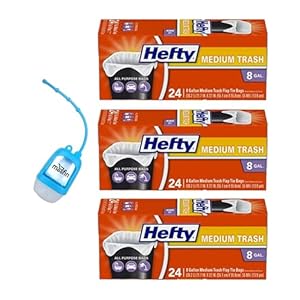 Hefty Trash Bags, 24 Count – Medium Trash Bags – 8 Gallon Capacity for Home & Office, Includes Moofin Hand Sanitizer Dispenser, Sturdy Flap Tie Closure, Unscented & Reusable Trash Bags – Pack of 3