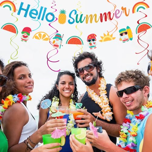 Image of Summer Luau Hawaiian-Beach Party-Decorations Supplies - 21pcs Hello Banner,Pool Paper Lanterns Honeycomb,Hanging Streamers Garland,Tissue Pom Poms Flowers Fans,Tropical Outdoor Theme Decor Burgleda