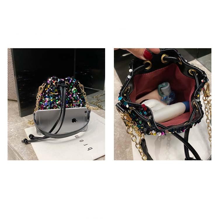 Sequin Bucket Bag Glitter Drawstring Shoulder Purse Bag Sparkle Mini Shopping Pouch Handbag with Detachable Chain Strap2