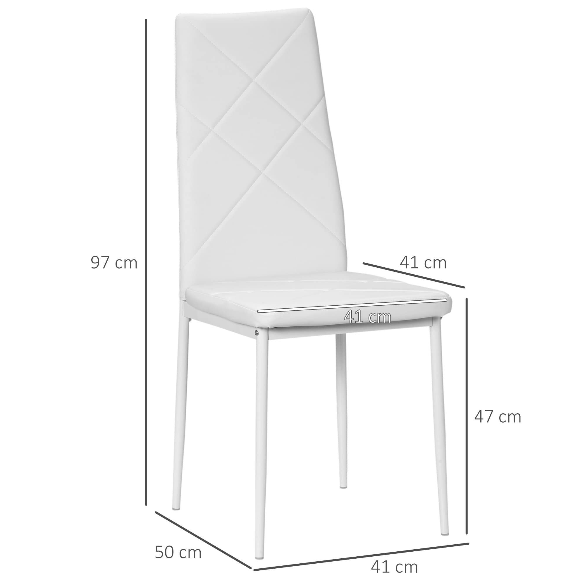 HOMCOM Set 4 Sedie Sala da Pranzo Imbottite con Schienale Alto, Sedie Cucina in Finta Pelle Cuciture a Diamante con Piedini Antiscivoli e Gambe in Acciaio per Soggiorno, 41x50x97 cm, Bianco