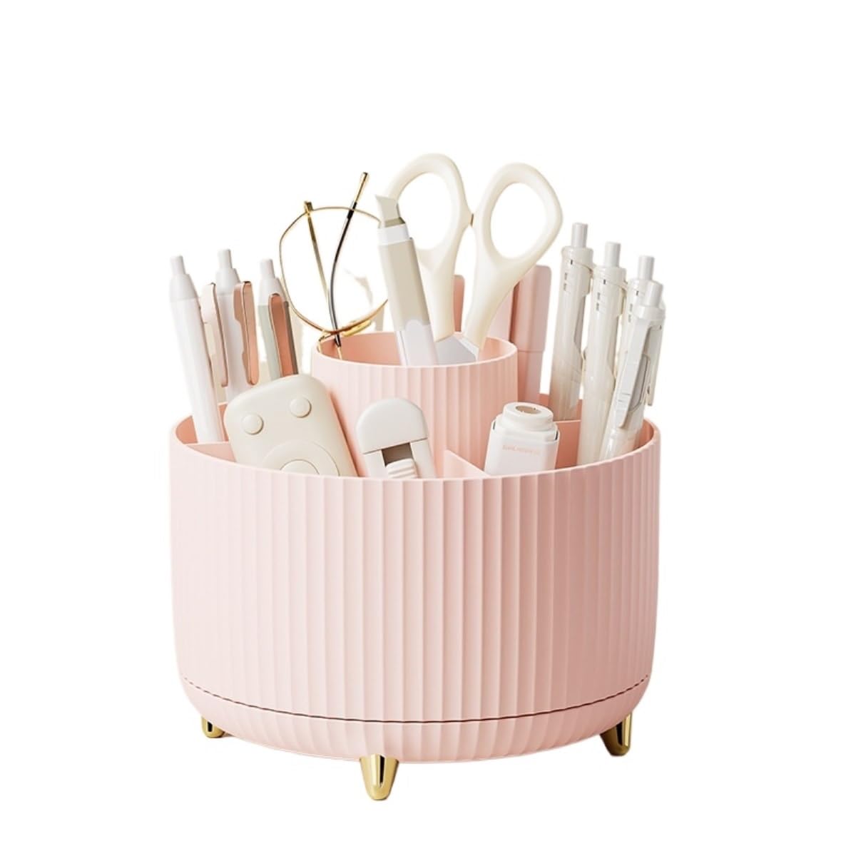 AZHKJKZH Desk Tidy Caddy Pencil Pen Holder 360° Degree Rotating 5 Slots Desktop Stationery Organizers Office Supplies(Pink)