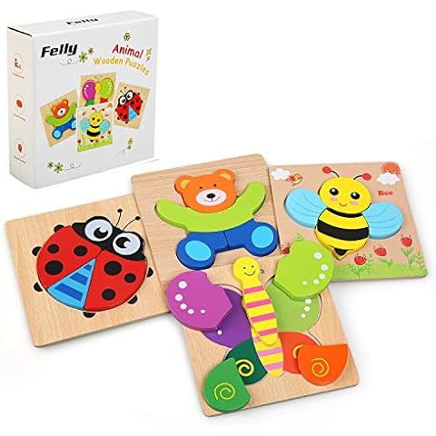 Felly Wooden Toys - 4 Pack Jigsaw Puzzles for Toddlers 1 2 3 Years Old, Boys & Girls Educational Toys Gift with 4 Animals Patterns, Bright Vibrant Color Shapes of Animal Cover