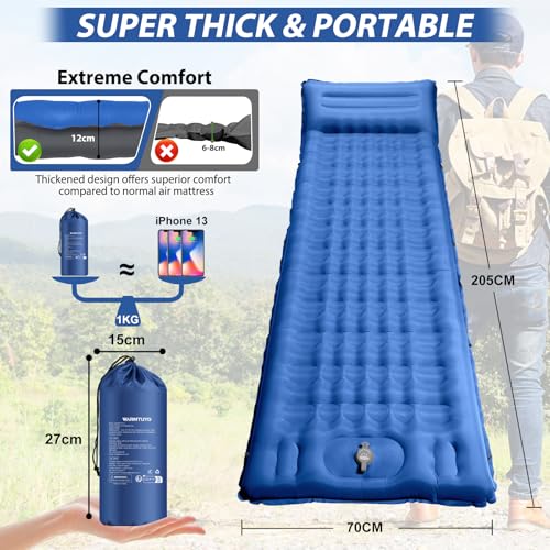 Isomatte Camping, 12CM Verdicktes Aufblasbare Matratze mit integrierte Fußpresse Pumpe und Kissen, Ultraleicht Wasserdicht Luftmatratze Outdoor, Anti-Ripstop Schlafmatte für Wandern und Strand 2