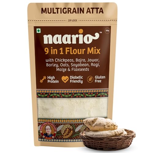 Naario 9-in1 High Protein Multigrain Atta | Low GI | Diabetic Friendly | Helps Weight loss | High Protein, High Fiber | Flour with Black Chickpeas, Jowar, Ragi, Bajra, Oats, Maize, Barley, Flaxseeds | Healthy Millet Mix Atta | Gluten Free (250g, 9-in-1 Multigrain Atta without Wheat)