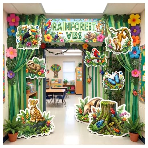 Chumia 8 Pcs Rainforest Theme Animals Cardboard Standup Set for Vbs Event Rainforest Jungle Entrance Decor for 2026 VBS Vacation Bible Sunday School Hawaiian Party Religious Photobooth Props