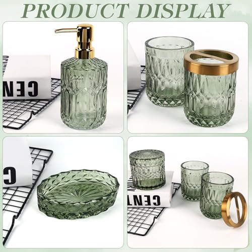 NZZVNZ 5 Stück Grünes Glas Badezimmer Zubehör Set, Moderne Seifenspender Set, Seifenschale, Zahnbürstenhalter, Wattestäbchen Kanister, Becher, Badezimmer Deko Set, Vintage Geschenk