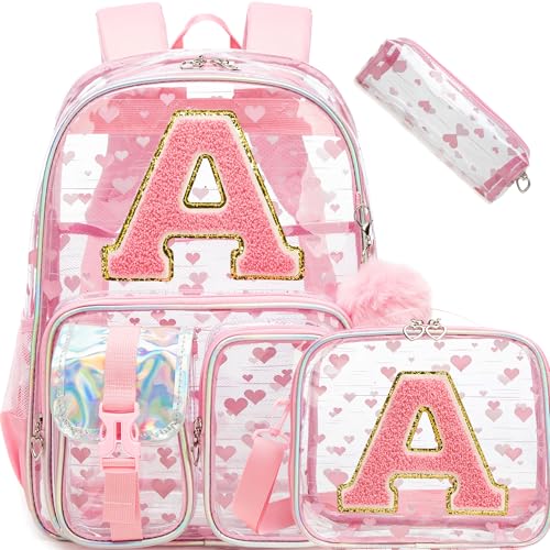 HTgroce Pink A Heavy Duty Transparent Girls Backpack with Lunch Box 3Pcs Clear School Bags for Girls Elementary school Bookbag Stadium Concert Approved
