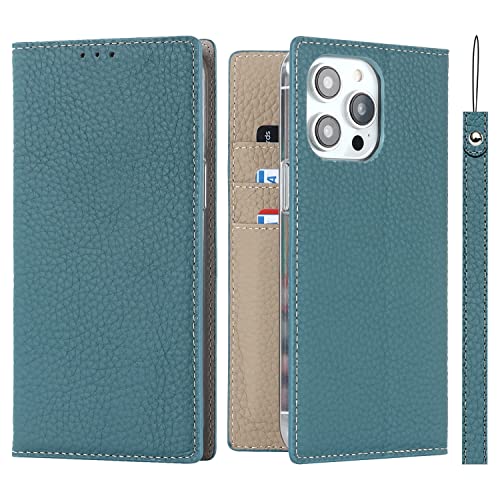 iCoverCase Compatible with iPhone 15 Pro Wallet Case, RFID Blocking Genuine Leather Magnetic Case with Wrist Strap and Card Slots Kickstand Feature Flip Cover Case 6.1 Inch (Light Blue)