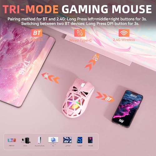 Image of Aula SC620 Wireless Gaming Mouse, Tri-Mode 2.4GHz /USB-C /BT5.3 Computer Mouse with 12000 DPI, Programmable Macro Gamer Mouse with Rapid Fire Key, RGB Light Gaming Mice for PC /Laptop /Mac (Line Pink)