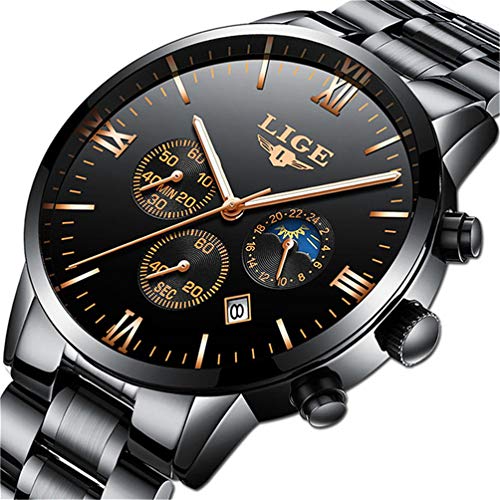 Preisvergleich Produktbild LIGE Herrenuhren chronographen wasserdichte Analoger Quarz Armbanduhr Mode Edelstahl Schwarz Uhren 9831
