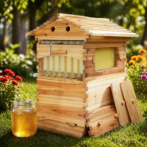 Bee hive Starter Kit Include 7 Auto Frame Natural Wood Bee Hives Boxes with Observation Windows and Self-Flow Device