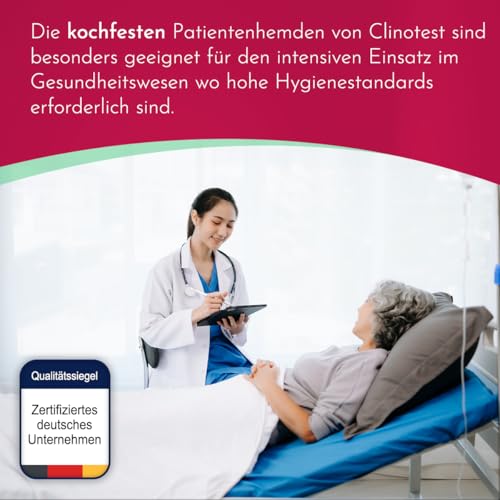 Clinotest Patientenhemd für Erwachsene - 95 Grad waschbares, kochfestes OP Hemd ohne Einlaufen, Unisex Pflegehemd hinten offen, Krankenhaushemd ideal für Kliniken & Pflegeeinrichtungen - 110cm lang