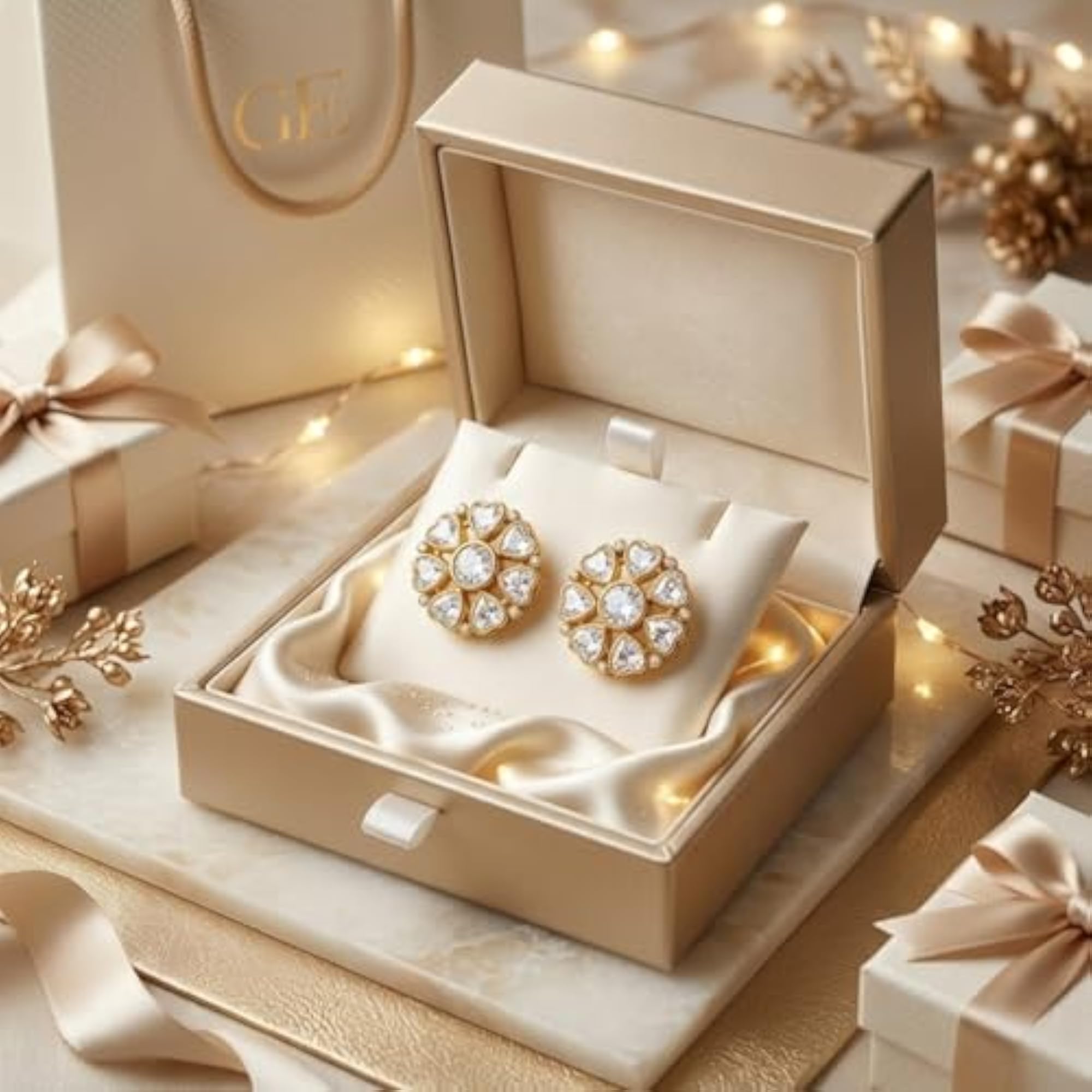 Women's 925 Silver Plated Floral Stud Earrings with White Stone