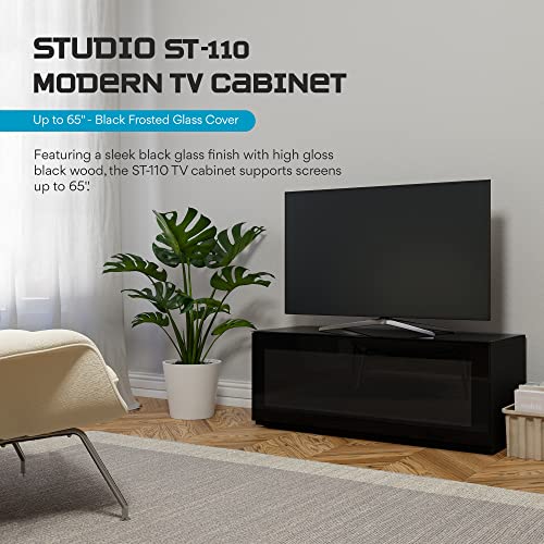 Image of SONOROUS ST-110 Premium TV Stand with Black Wood & Black Glass Cover - Modern Entertainment Center & Media Console for Living Room - TV Cabinet up to 65 Inch with Hidden Wheels - Sleek Storage Design