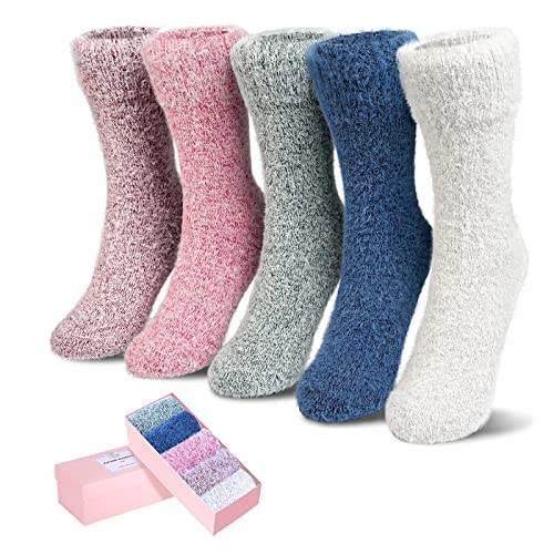 Image of ICEIVY Womens Socks 5 Pairs Wool Warm Cotton Thick Vintage Casual Winter Cabin Crew Fuzzy Socks Gifts For Women