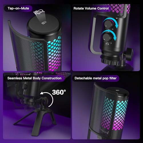 Image of ZealSound Podcast Microphone for PC /Mac /iPhone /Phone - 96kHz /24bit USB Condenser Mic with Noise Reduction, Tap-to-Mute, Gain Control, Zero-Latency Monitor, RGB Light for Streaming, Gaming, Recording