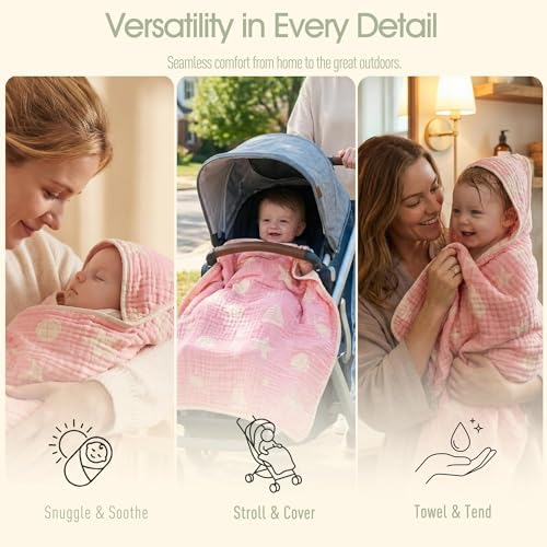 Image of Ultra-Soft Muslin Baby Hooded Towel - 32 x 32 Inches, Ideal for Bath & Beach, Suitable for Both Boys & Girls from Newborns to Toddlers