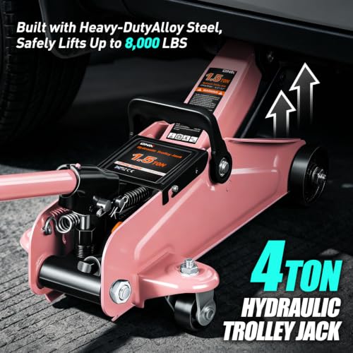 Image of DNA Motoring 1.5 Ton Car Floor Jack Low Profile Hydraulic Trolley Service /Floor Jack, 1.5T / 3000 lbs Capacity, Lifting Range 5.3 Inch -12 Inch, with Storage Case, Pink, TOOLS-00327-PK