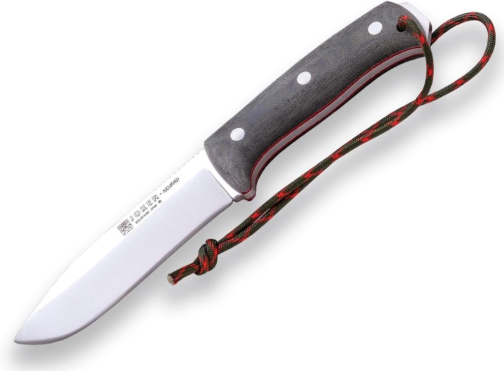 Joker Nomad CV125 hunting knife, 12.7 cm Böhler N695 steel blade, with different types of handle: walnut wood, green Micarta and black Micarta, tool for fishing, hunting, camping and hiking (Green Micarta Canvas, Leather Sheath)