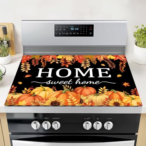 Image of Fall Pumpkin Stove Cover For Electric Stove, 20x28 Glass Stove Top Mat Thanksgiving Heat Resist Electric Gas Range Mat Sweet Home Decor Glass Top Protector Black Kitchen Cooktop Pad