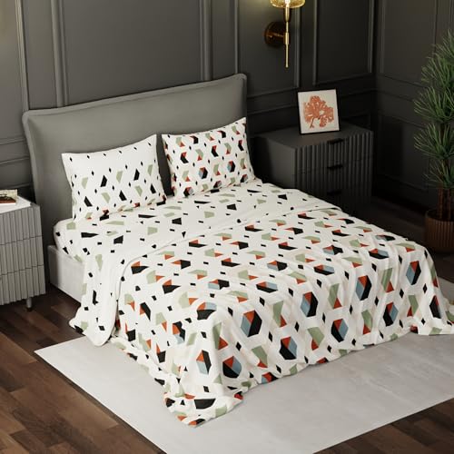 Image of BLISSHOME SoftTouch 150TC Cotton King Size Printed Bedsheet with 2 Pillow Covers for Double Bed, Silky Smooth Bedding Set, Breathable, Easy Maintain, Geometric Pattern - Cream (228cm X 274cm)