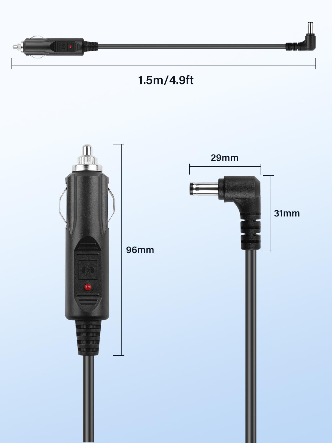 Prostokątny kabel do ładowania samochodu 12 V, 18 AWG DC 5,5 x 2,1 mm, wtyczka do gniazda zapalniczki samochodowej z bezpiecznikiem 10 A, do samochodów osobowych, ciężarowych, kamperów