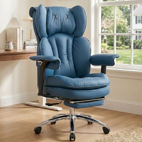 Image of Efomao Big & Tall Desk Chair, Executive Office Chair with Footrest, Blue | True 400lb big & tall desk chair. 22 inch wide seat & 7 inch thick cushion for plus-size comfort, with footrest for WFH naps.