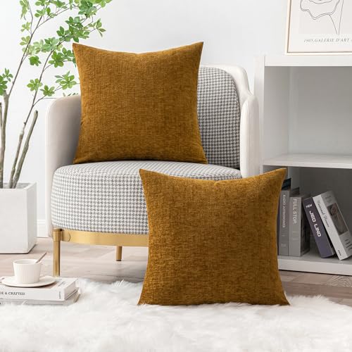 Image of MIULEE Pack of 2 Couch Throw Pillow Covers 18x18 Inch Soft Mustard Chenille Pillow Covers for Sofa Living Room Solid Dyed Pillow Cases