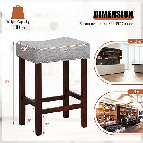 Image of COSTWAY Wooden Saddle Stools Set of 4, 25-inch Backless Counter Chairs with Nailhead Trim, Rubber Wood Frame, Footrest, Max Load 330 Lbs, Upholstered Bar Stools for Kitchen Island, Grey+Brown