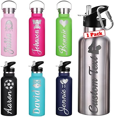 YAEILOV Personalized Water Bottles with Straw Lid Bulk Engraved Custom Insulated Metal Sports Bottle with Name and Text for Dad Gifts-Stainless steel(30 Icons,7 Colors,12oz/26oz)