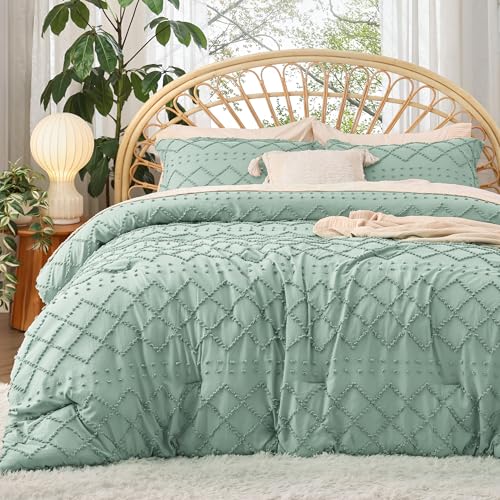 Image of Bedsure King Comforter Set - Sage Green Comforter, Boho Tufted Distressed Vintage Bedding for Kids, 3 Pieces Farmhouse-Style Bed Set for All Seasons, Fluffy Soft Bedding with 2 Pillow Shams