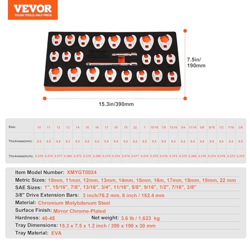 Image of VEVOR Crowfoot Wrench Set, 3 /8 inch Drive 24-Piece Crows Foot Wrench Set with 2 Extension Bars and EVA Tool Organizer, SAE 3 /8 inch-1 inch and Metric 10-22 mm, CRMO Steel and Mirror Chrome Finish