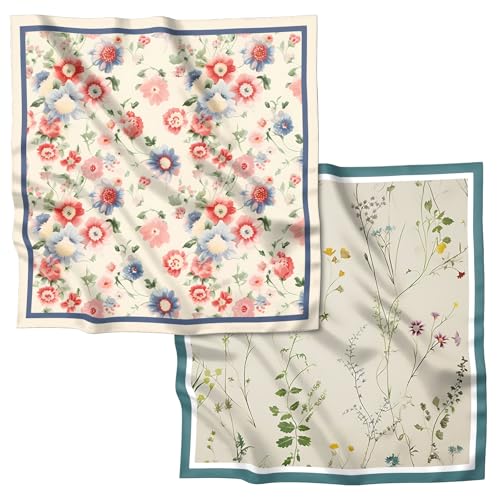 2PCS Scarf Silk Feeling Satin Head Hair Wrap Lightweight Large Square Fashion Cute Aesthetic 27.5 Inches for Women