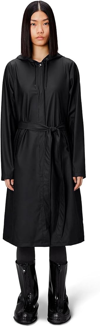 RAINS A-Line Longer Jacket - Waterproof Womens Raincoat with Hood | Water-resistant PU raincoat for women; A-line flared hem, welded hood, windproof, breathable, welded seams, longer length