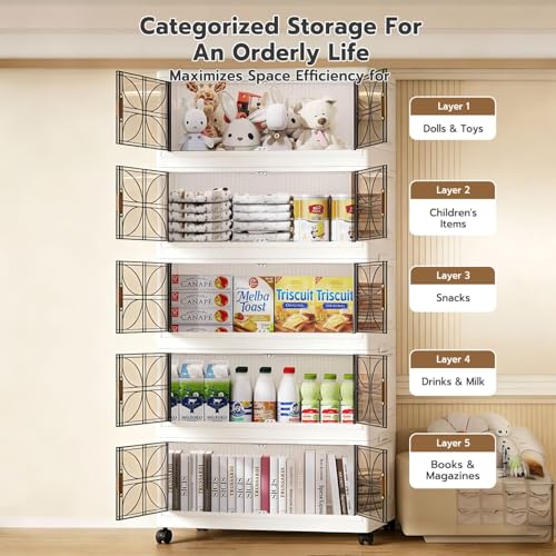 Image of 5 Tier Foldable Plastic Wardrobe Almirah for Storage, Plastic Storage Cabinet with Wheels & Doors, Large Capacity Rack for Kitchen, Bedroom Organizer for Clothes, Home Furniture for Living Room