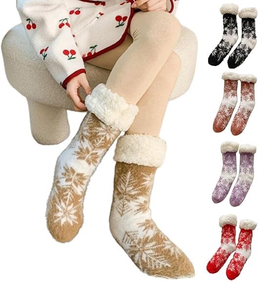 Thick Women Winter socks Woven Thermal Floor Socks Velvet Fur Sleep Socks fluffy Snowflake Fleece white soft terry fur Knit Warm Christmas Slipper Socks(Pack Of 1 Pair| RANDOM DESIGN & COLOR)-image-4